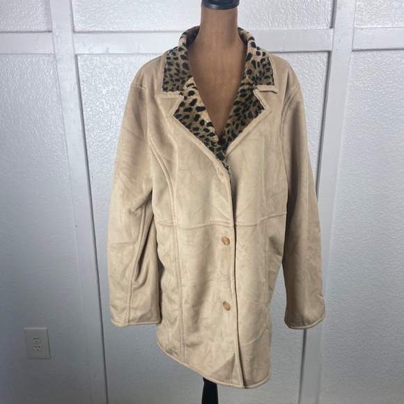 Donna Salyers Fabulous-Furs Leopard Lined Faux Suede Coat Women’s XL Y2K Glam - Picture 3 of 10